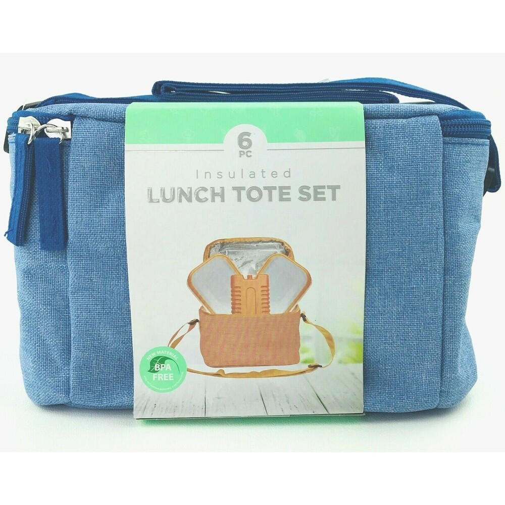 Blue Insulated Soft Cooler Lunch Tote Bag 6pc Set Ice Pack Containers Adj Strap
